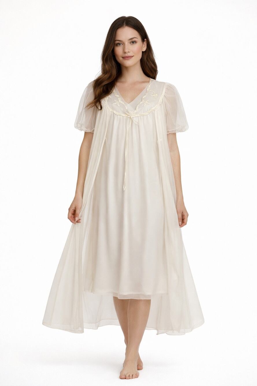 Vintage 1960s–1970s Avian Ivory Sheer Peignoir Robe & Nightgown Set medium